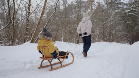 woman-is-pulling-wooden-sledge-with-little-child-inside-walking-in-forest-in-winter
